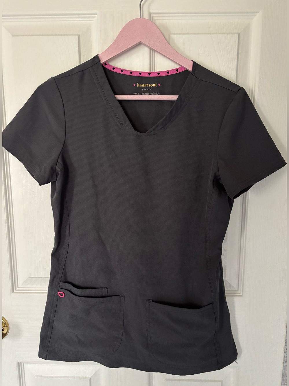 HeartSoul Women's Charcoal Gray V-Neck Scrub Top with Pink Accents